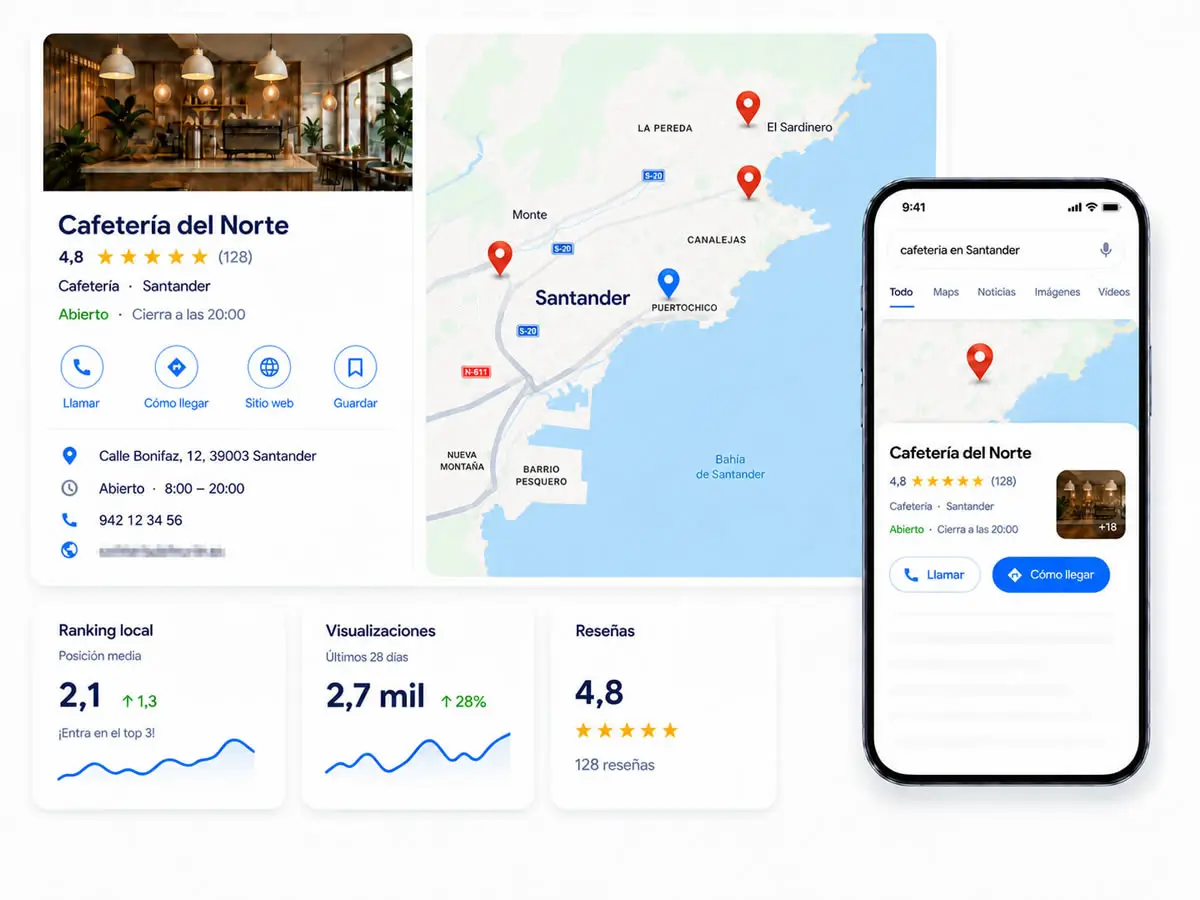 Ejemplo visual de optimizaci&oacute;n de Google Business Profile y Google Maps para un negocio local en Santander