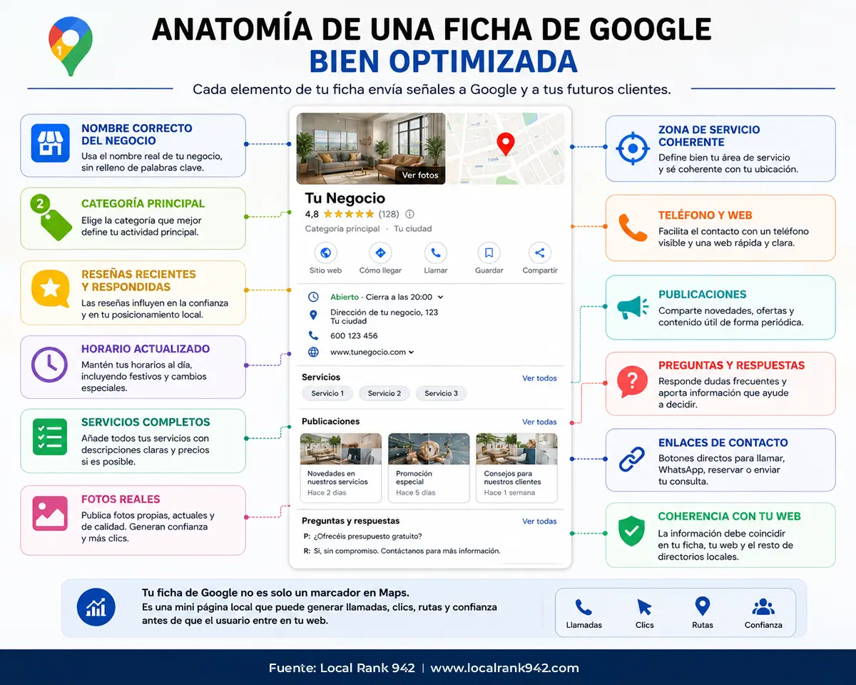 Infograf&iacute;a sobre las partes de una ficha de Google Business Profile optimizada para SEO local: categor&iacute;a, rese&ntilde;as, horario, servicios, fotos, zona de servicio, web y llamadas.