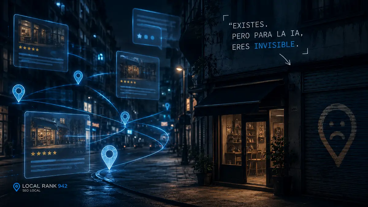 Negocio local en una calle nocturna rodeado de paneles digitales de b&uacute;squeda e IA que parecen ignorarlo.