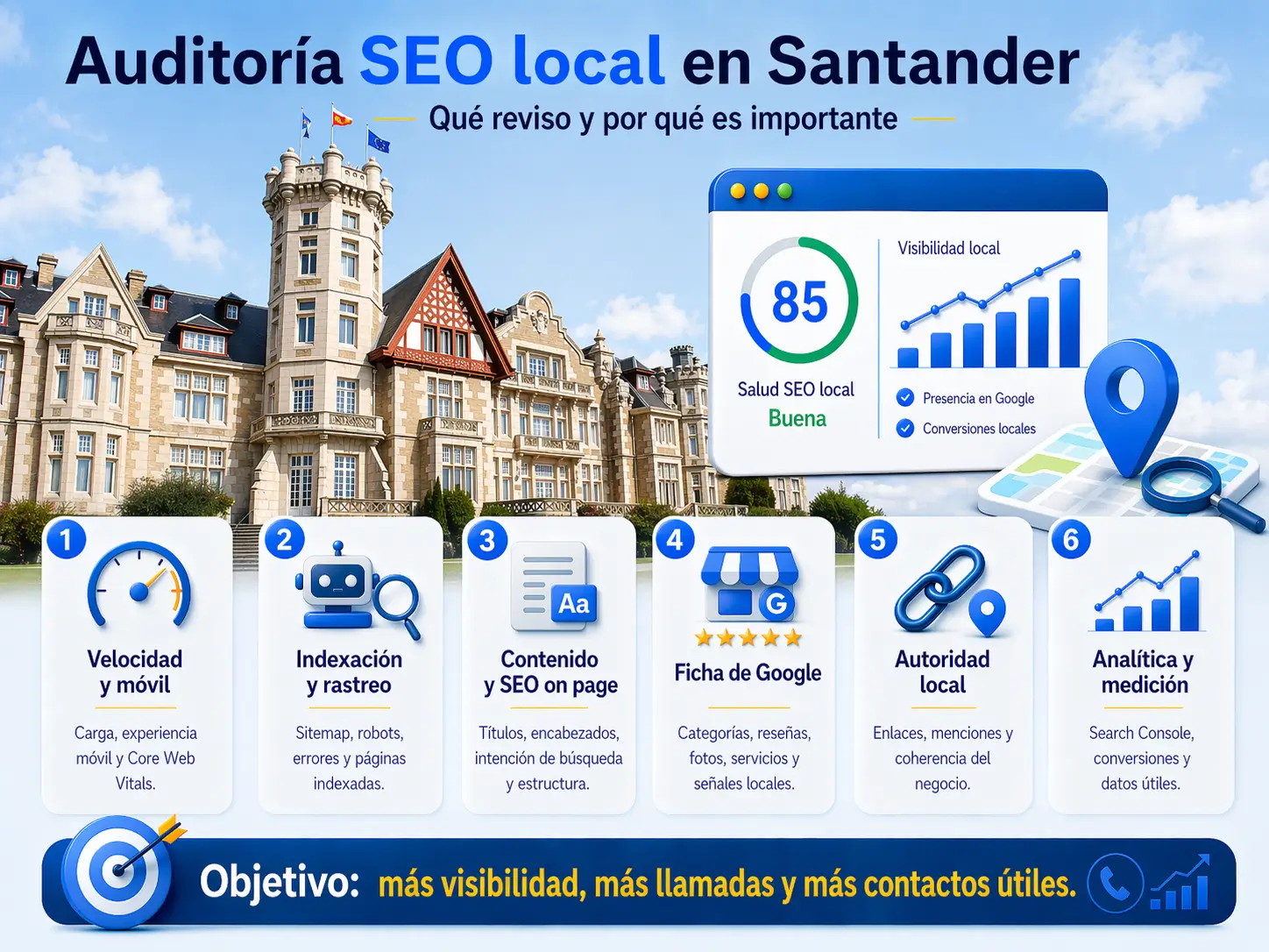 Portada ilustrada sobre auditor&iacute;a SEO local en Santander, con an&aacute;lisis de web, posicionamiento en Google y ficha de empresa local