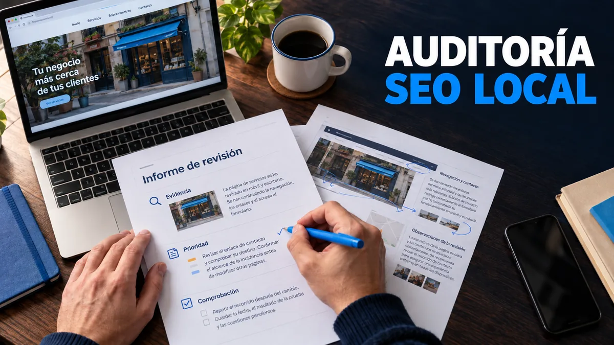Manos revisando un informe de auditor&iacute;a SEO local junto a un port&aacute;til con la web de un negocio.