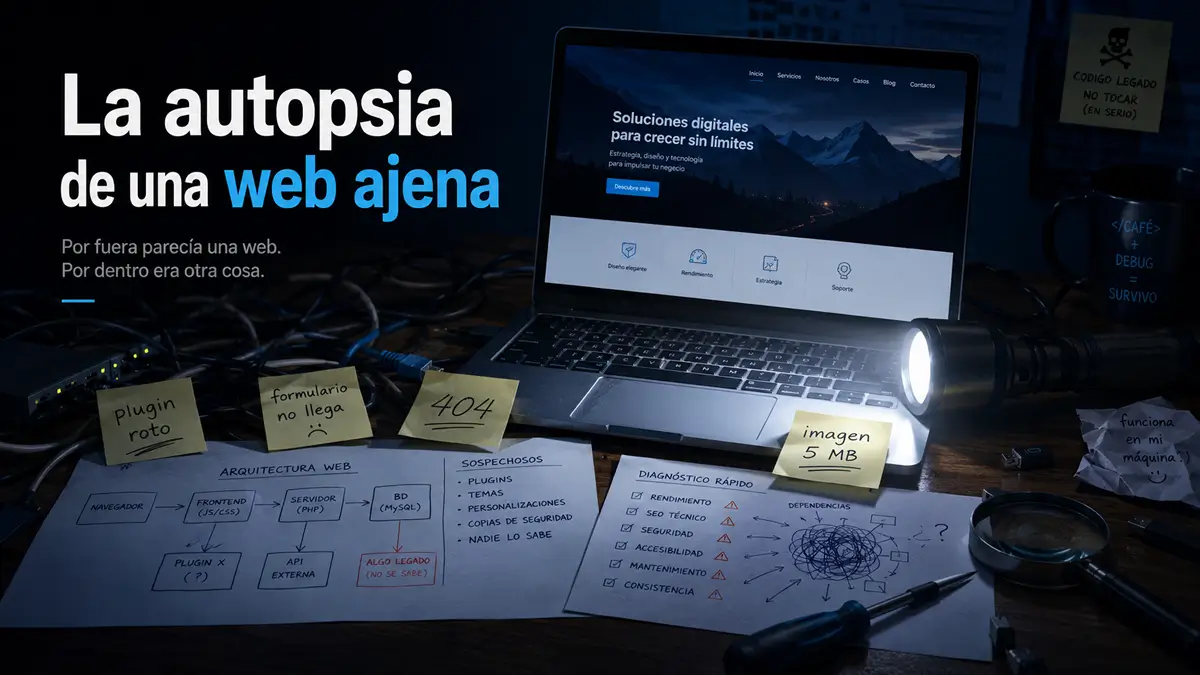 Escena de revisi&oacute;n t&eacute;cnica de una web ajena con port&aacute;til, cables, notas de errores y herramientas de diagn&oacute;stico.