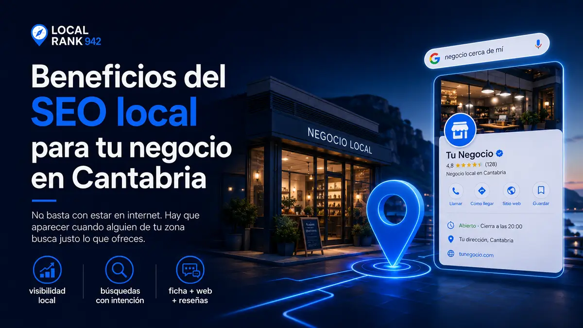 Ilustraci&oacute;n digital en estilo flat con un icono de localizaci&oacute;n sobre un mapa, una tienda, una gr&aacute;fica ascendente y una barra de b&uacute;squeda, representando el posicionamiento SEO local en Cantabria.