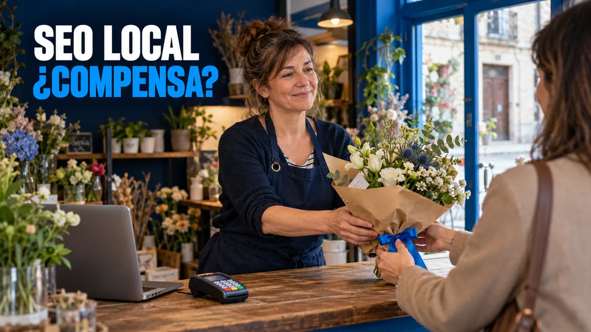 Florista entregando un ramo a una clienta, con el texto &laquo;SEO local, &iquest;compensa?&raquo;.