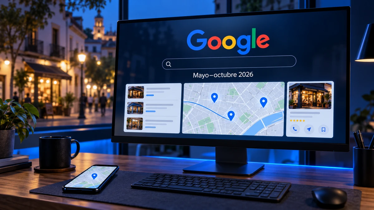 Monitor con Google y un mapa de negocios locales, en un escritorio iluminado con azul el&eacute;ctrico.