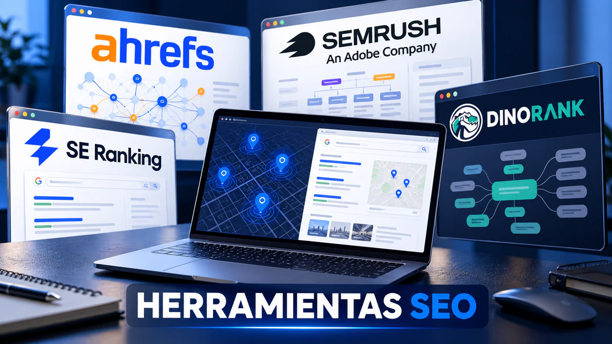 Port&aacute;til rodeado de paneles ilustrativos con los logotipos de Ahrefs, Semrush, SE Ranking y DinoRANK.