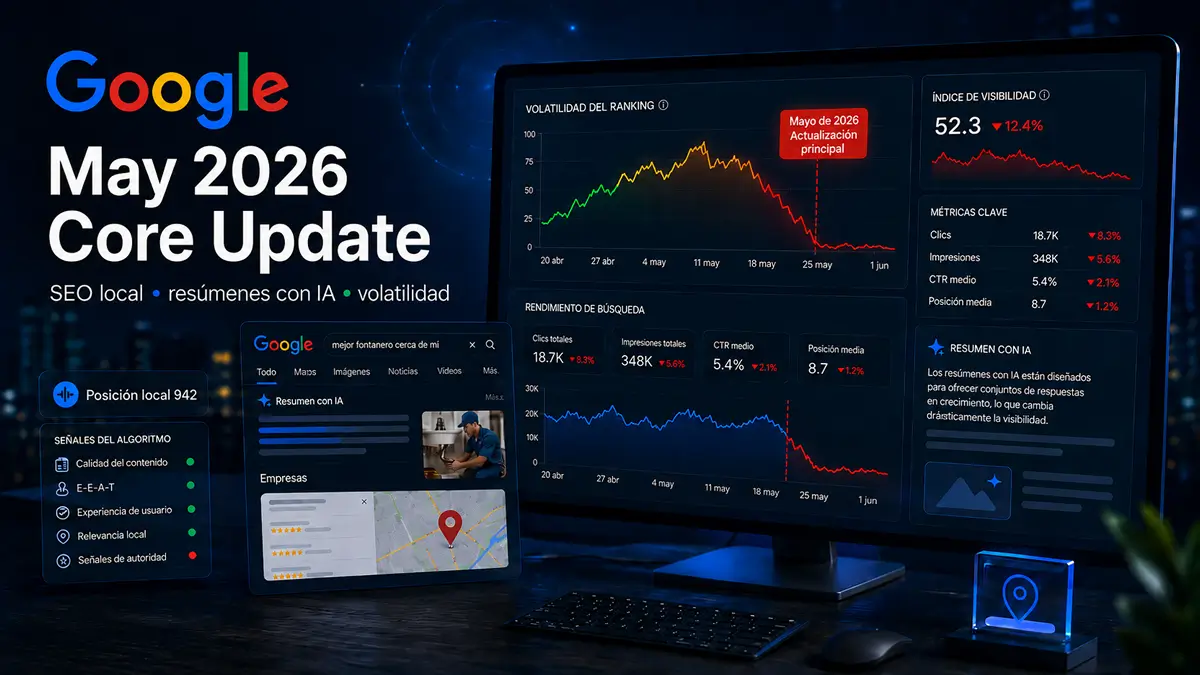 Panel de an&aacute;lisis SEO con gr&aacute;ficos de volatilidad tras el Google May 2026 Core Update y se&ntilde;ales de b&uacute;squeda con IA