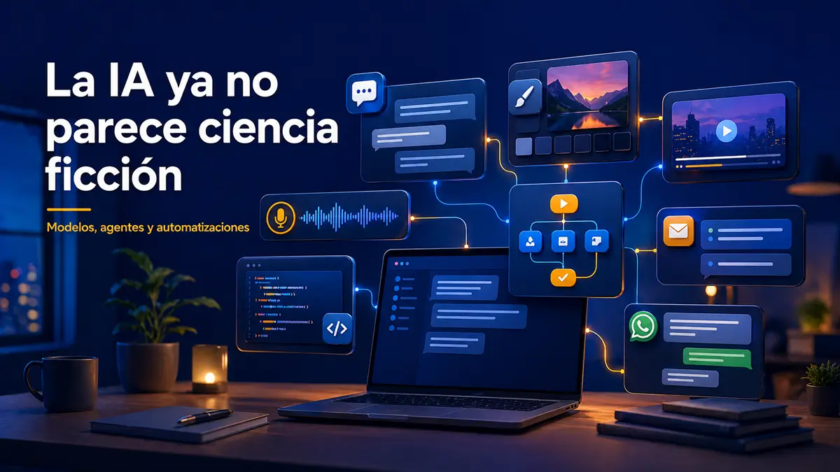 La IA ya no parece ciencia ficci&oacute;n: modelos, agentes y automatizaciones en un escritorio de trabajo digital