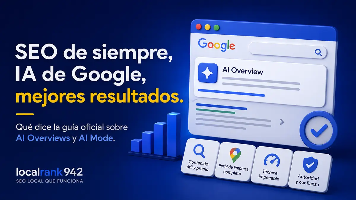Imagen de Local Rank 942 sobre GEO, AEO y b&uacute;squeda con IA, con Google, AI Overviews, AI Mode y el SEO como base frente a las siglas m&aacute;gicas.