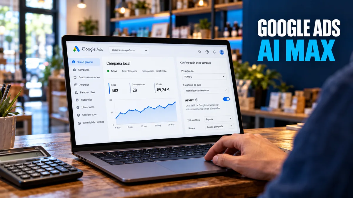 Una persona revisa una campa&ntilde;a de Google Ads en un port&aacute;til sobre el mostrador de un negocio; titular &laquo;Google Ads &middot; AI Max&raquo;.
