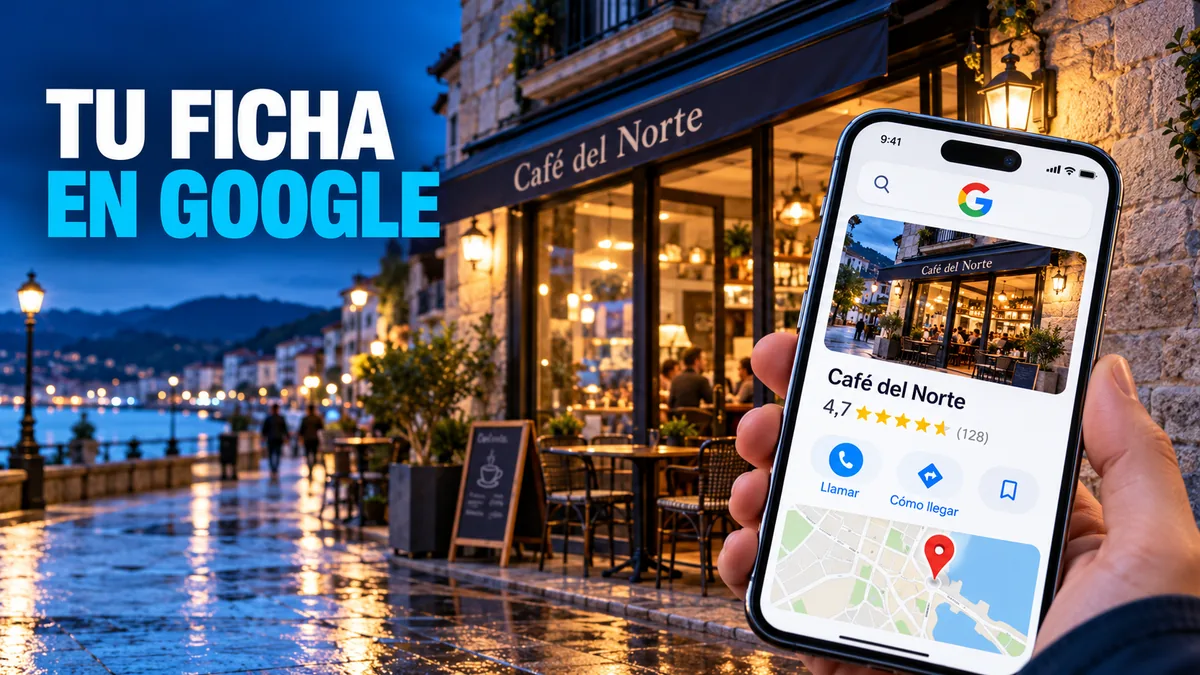 M&oacute;vil con una ficha ilustrativa de Google junto a la fachada de una cafeter&iacute;a.