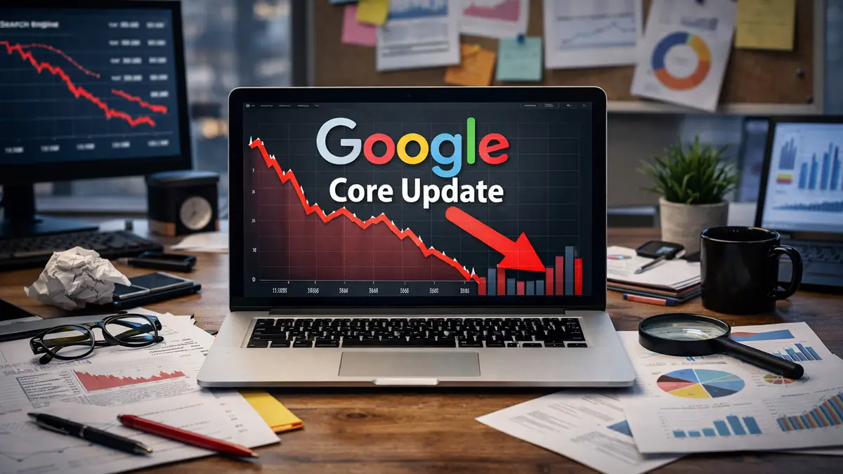 Port&aacute;til con gr&aacute;fico de ca&iacute;da en pantalla que ilustra el impacto de un core update de Google en el posicionamiento web