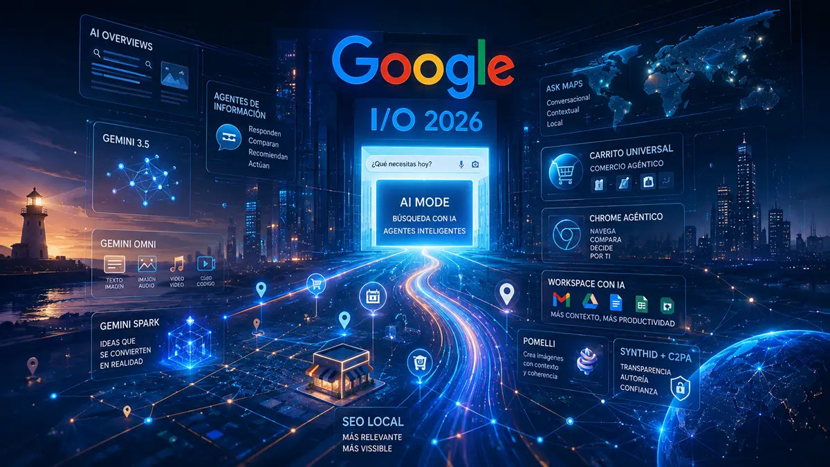Ilustraci&oacute;n conceptual sobre Google I/O 2026, b&uacute;squeda con IA, agentes inteligentes y SEO local para Local Rank 942