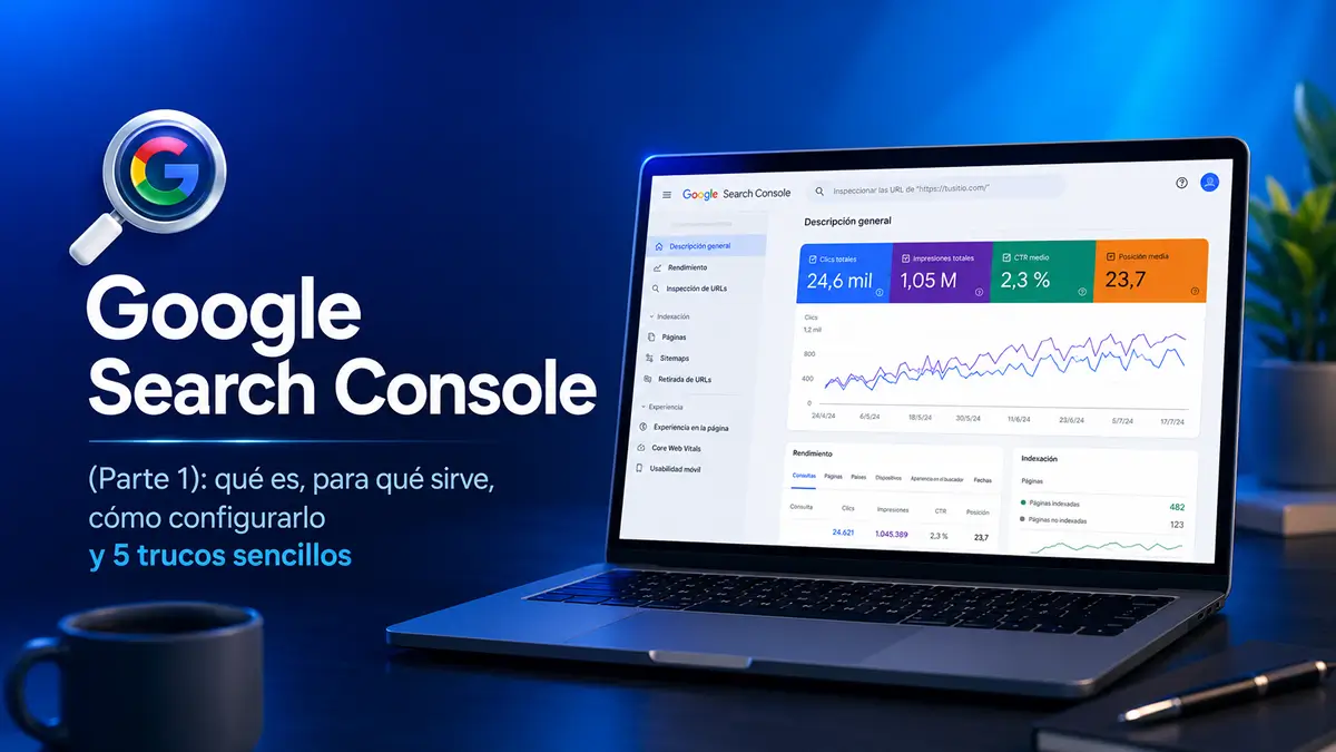 Portada en fondo azul del art&iacute;culo sobre Google Search Console (parte 1): qu&eacute; es, para qu&eacute; sirve, c&oacute;mo configurarlo y 5 trucos sencillos, con un ordenador port&aacute;til que muestra m&eacute;tricas de clics, impresiones, CTR y posici&oacute;n media en Google.