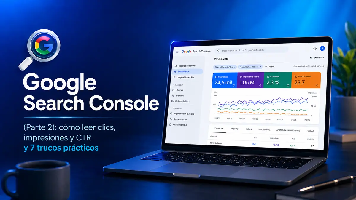 Imagen de portada del art&iacute;culo Google Search Console Parte 2, con un port&aacute;til mostrando m&eacute;tricas de rendimiento como clics, impresiones, CTR y posici&oacute;n media.