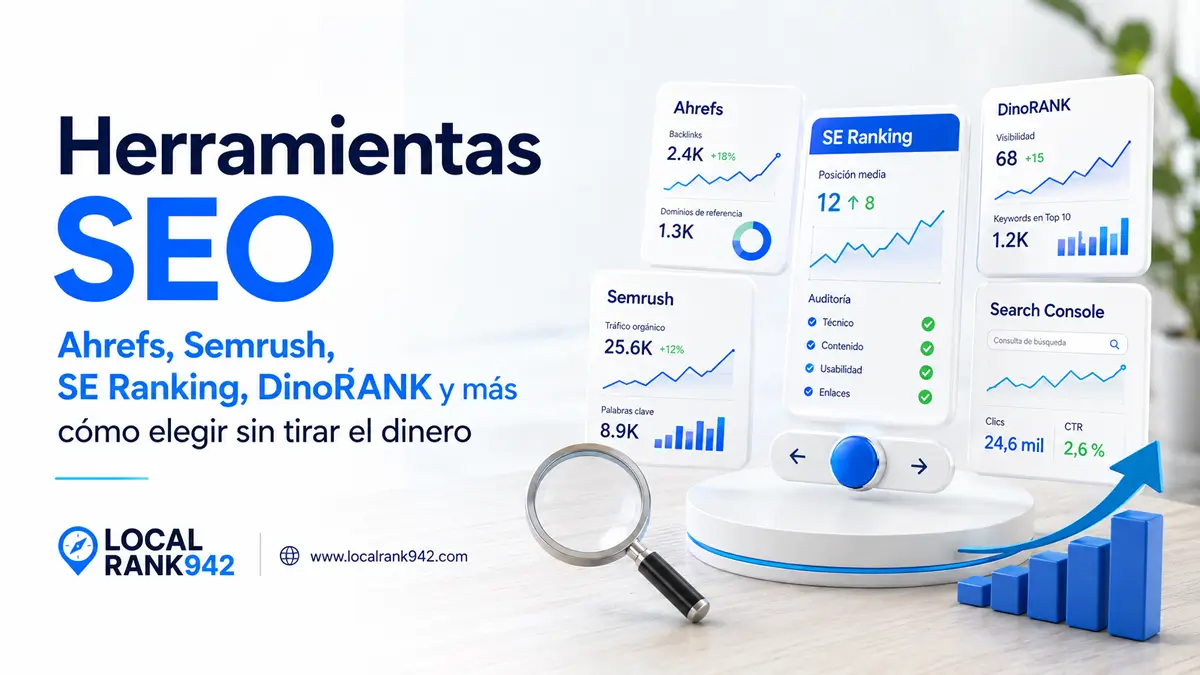 Comparativa de herramientas SEO como Ahrefs, Semrush, SE Ranking, DinoRANK y Search Console para elegir plataforma sin tirar el dinero