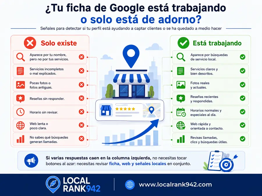 Comparativa entre una ficha de Google abandonada y una ficha optimizada para SEO local, con ejemplos de servicios, rese&ntilde;as, fotos, horarios, web y m&eacute;tricas.