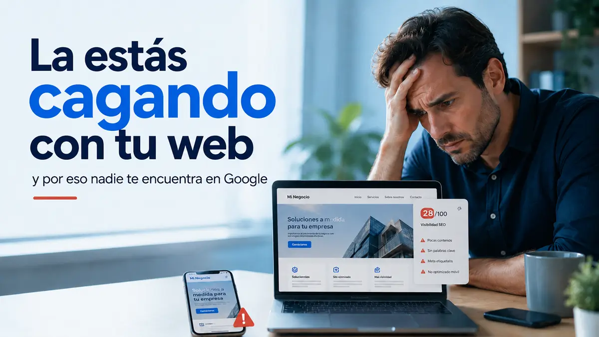Dise&ntilde;o ilustrado estilo flat sobre errores SEO locales, con una persona analizando su web para mejorar su visibilidad en Google, dirigido a negocios en Santander