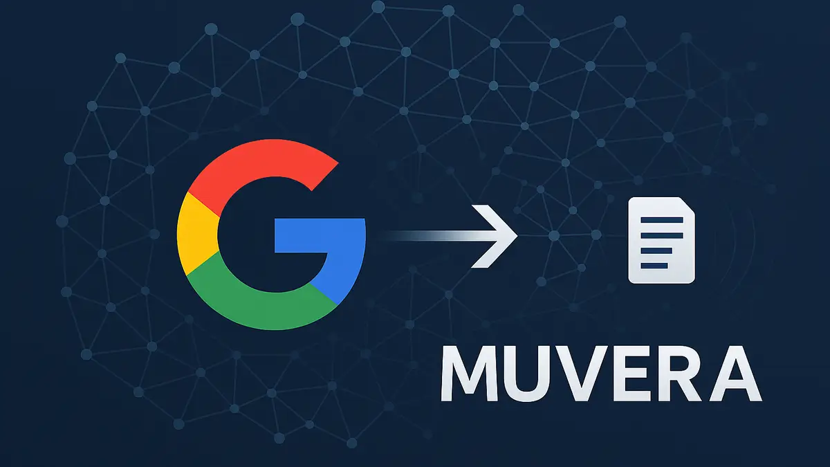 Ilustraci&oacute;n vectorial del algoritmo MUVERA de Google, con la G multicolor de Google, redes de nodos y l&iacute;neas que representan b&uacute;squeda sem&aacute;ntica avanzada en un fondo azul oscuro profesional.