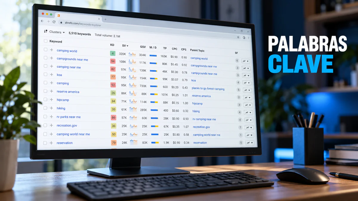 Monitor con un informe de palabras clave, b&uacute;squedas y m&eacute;tricas de ejemplo.