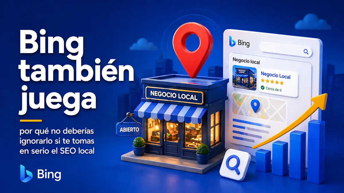 Ilustraci&oacute;n de SEO local destacando un negocio en Bing Maps, con elementos visuales de posicionamiento y visibilidad online.