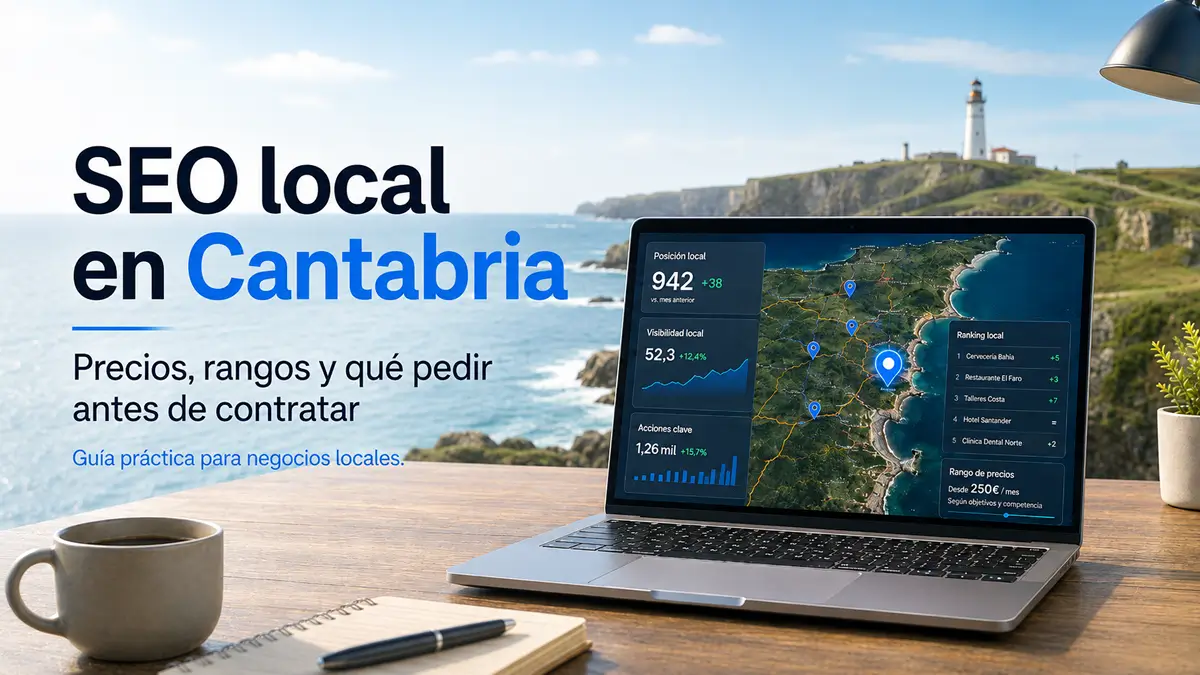 Port&aacute;til con panel de SEO local y mapa de Cantabria junto al mar, ilustrando una gu&iacute;a sobre precios, rangos y contrataci&oacute;n de SEO local.