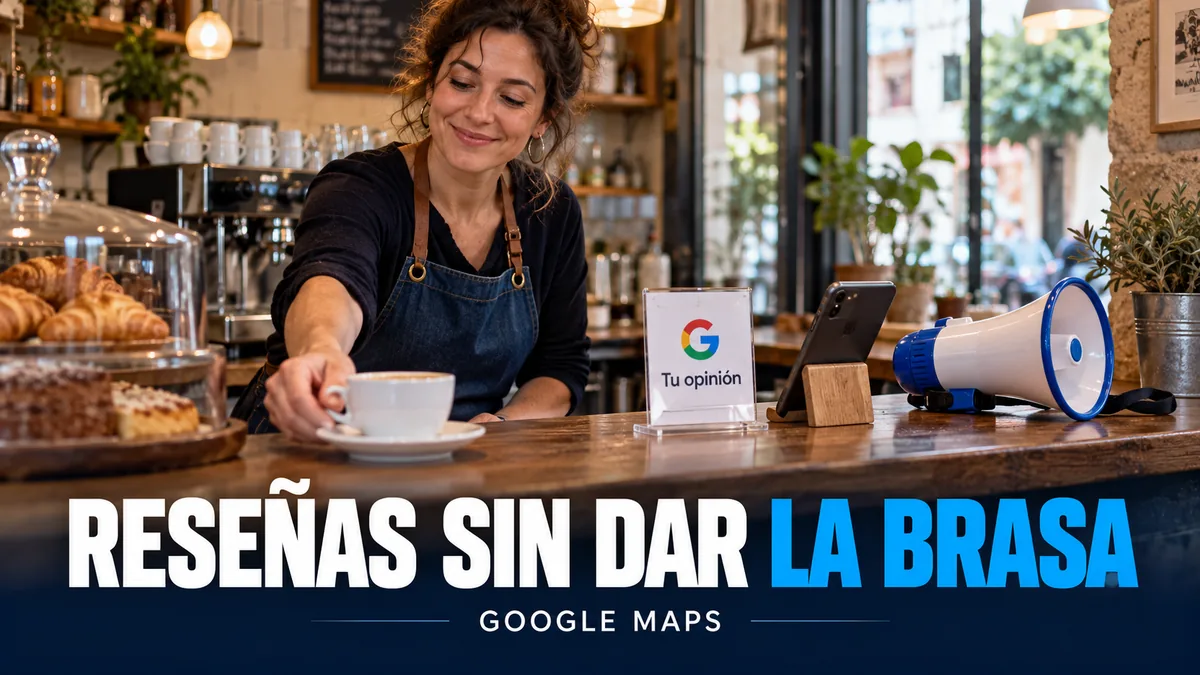 Mostrador de un peque&ntilde;o negocio con un soporte de opiniones y un meg&aacute;fono sin usar, bajo &laquo;Rese&ntilde;as sin dar la brasa&raquo;. Escena ilustrativa sobre rese&ntilde;as de Google.