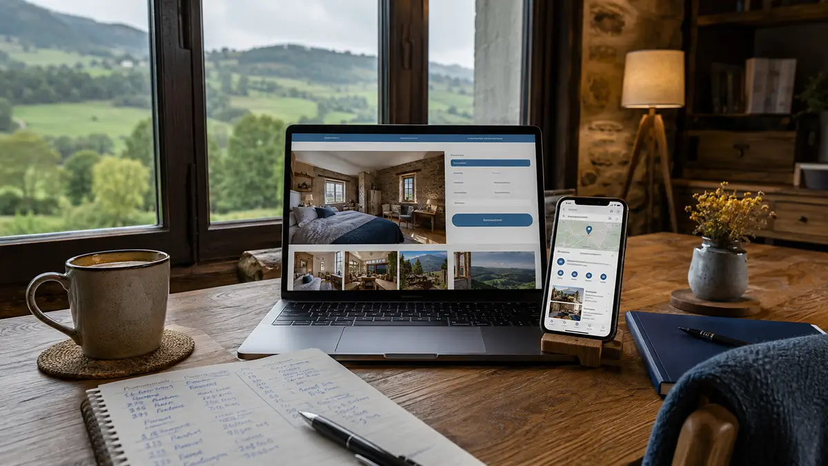 Port&aacute;til con web de una casa rural y m&oacute;vil con Google Maps para captar reservas directas en Cantabria