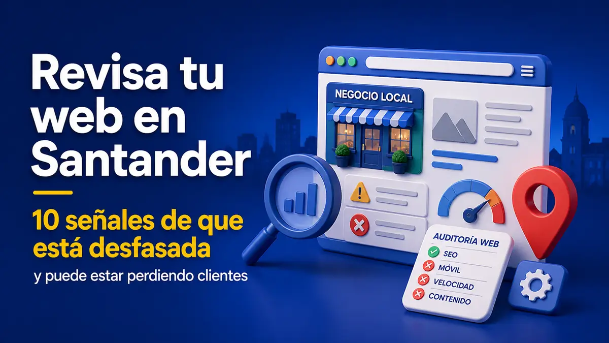 Ilustraci&oacute;n 3D de una auditor&iacute;a web para un negocio local en Santander, con navegador, ficha de negocio, iconos de SEO, m&oacute;vil, velocidad y contenido, y el texto &ldquo;Revisa tu web en Santander: 10 se&ntilde;ales de que est&aacute; desfasada&rdquo;
