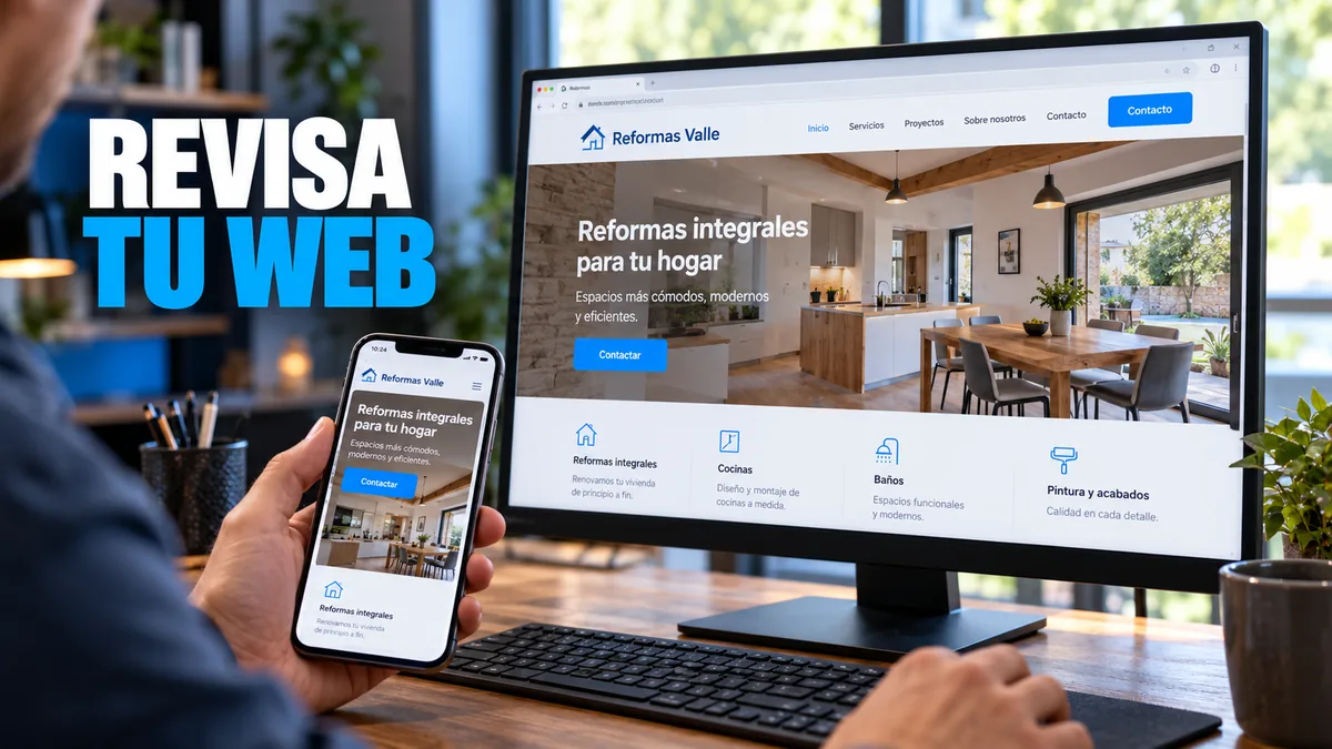 Persona revisando la misma web en un monitor y un m&oacute;vil, con el texto &laquo;Revisa tu web&raquo;.