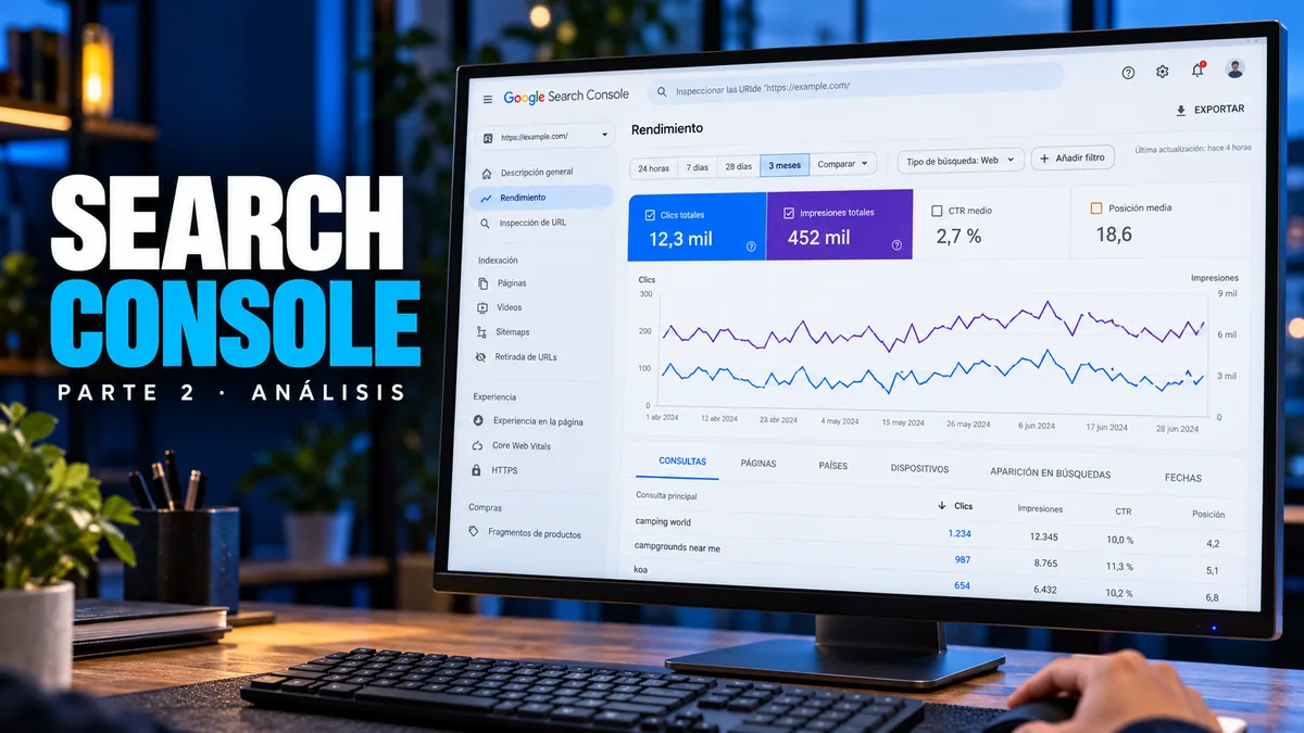 Monitor con una pantalla ilustrativa de rendimiento de Google Search Console, con gr&aacute;ficos de clics e impresiones.