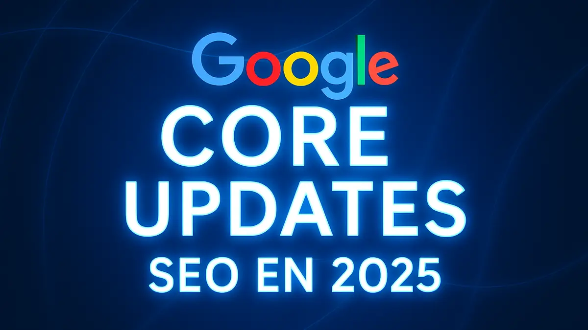Ilustraci&oacute;n digital con fondo azul oscuro, texto &ldquo;Google Core Updates &ndash; SEO en 2025&rdquo; en tipograf&iacute;a luminosa estilo ne&oacute;n, con el logotipo de Google y l&iacute;neas curvas de fondo. Estilo moderno y tecnol&oacute;gico.
