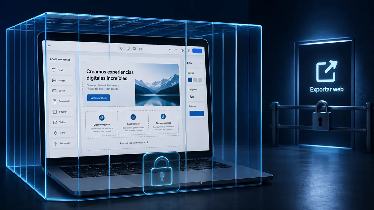 Port&aacute;til con una web creada en un constructor visual atrapada dentro de una jaula digital, como met&aacute;fora de las plataformas cerradas y las webs dif&iacute;ciles de migrar.