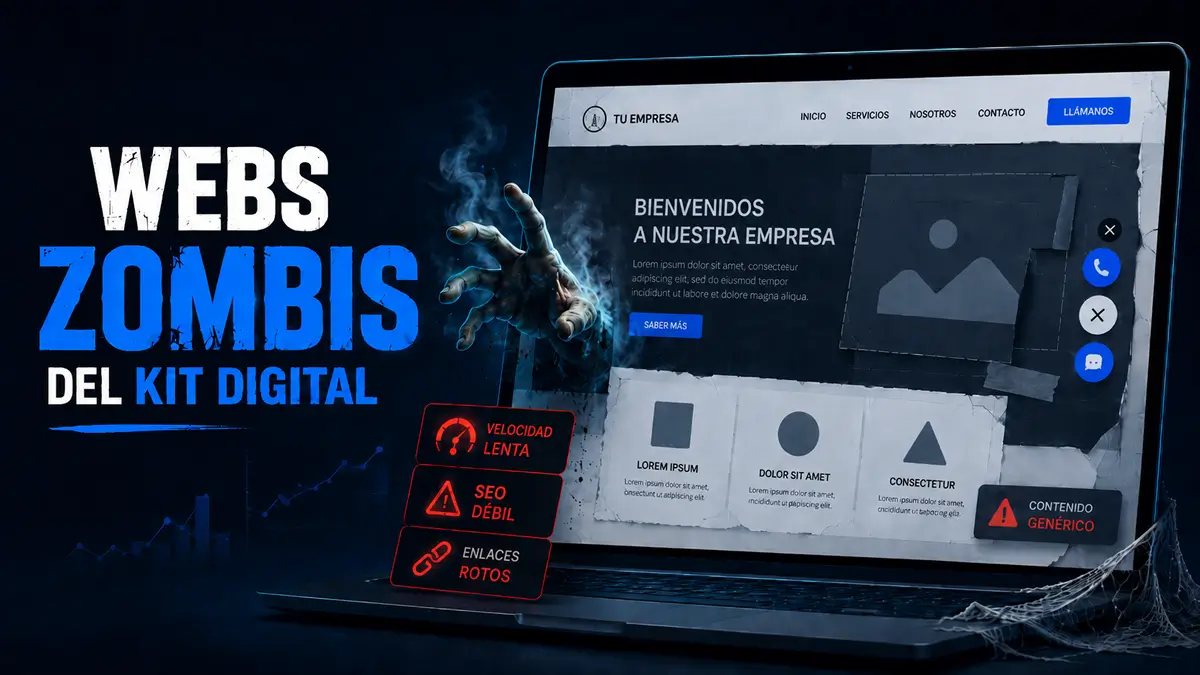 Web zombi del Kit Digital representada como una p&aacute;gina abandonada, lenta y mal optimizada para SEO local.